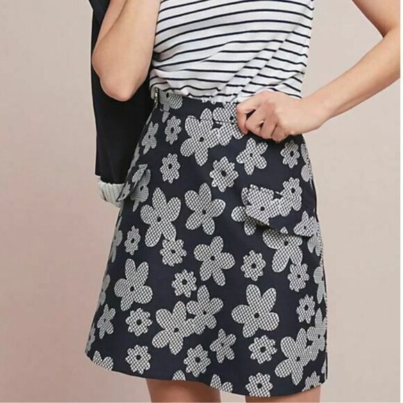 Anthropologie Dresses & Skirts - Anthropologie Eva Franco Mini Skirt 10 Blue ALine 70s Bold Floral Metallic Short